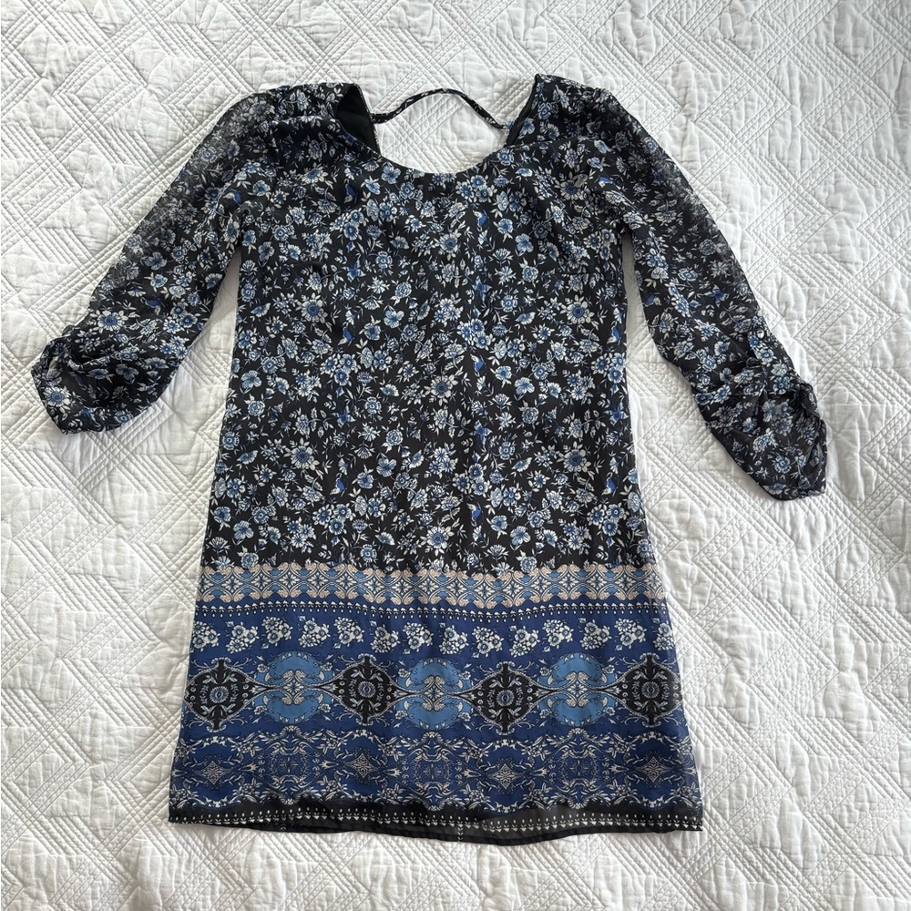 Speechless Black and Blue Chiffon Floral Lined Long Sleeve Spring Dress Size Med